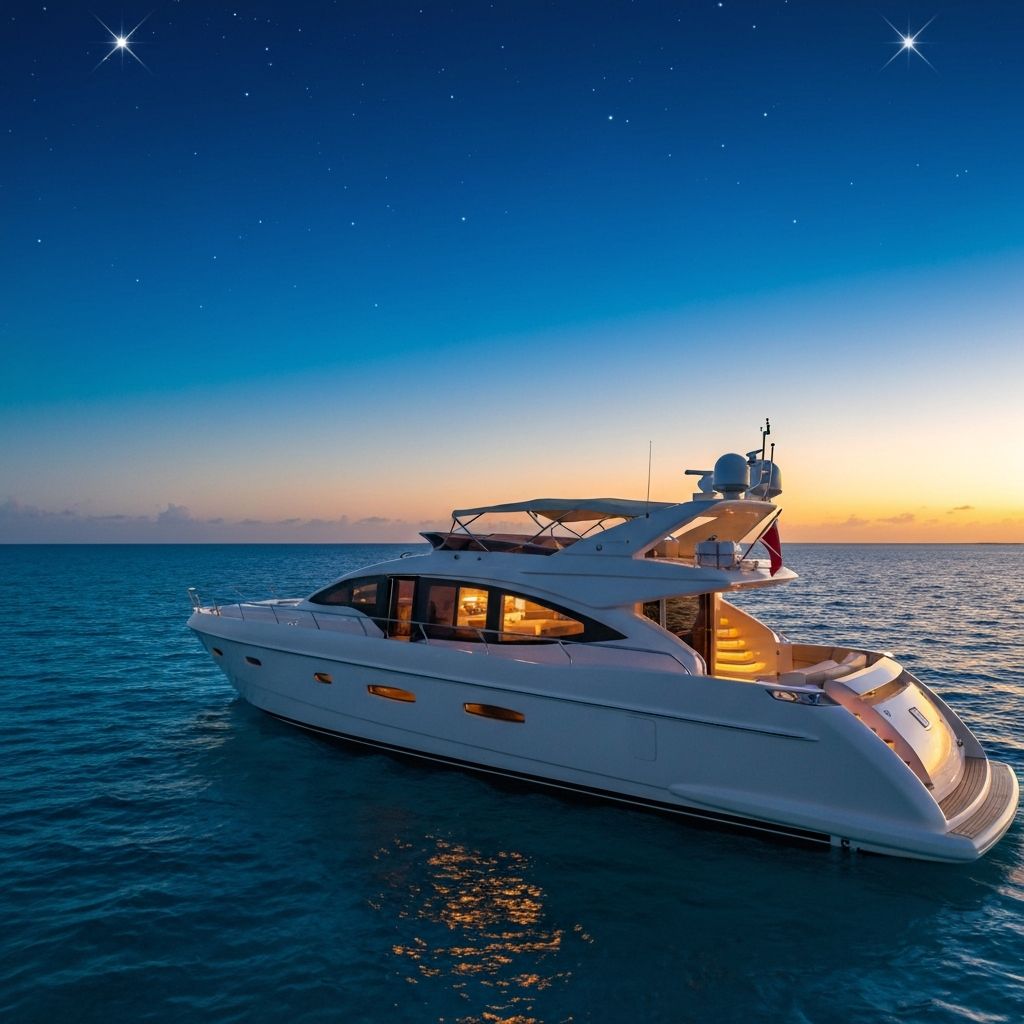 Luxury yacht at night, lit deck and calm waters